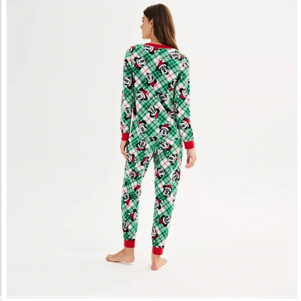 Disney Christmas Mickey & Minnie Mouse Fleece Pajama Set Green Red Plaid Comfy - Picture 3 of 9